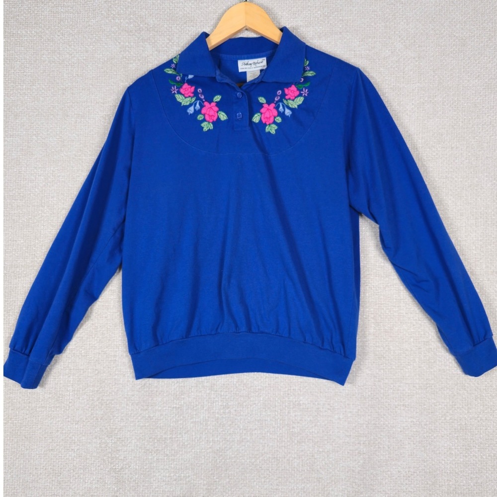 Anthony Richards Vintage Blue Long Sleeve Polo Shirt Floral Embroidered Large